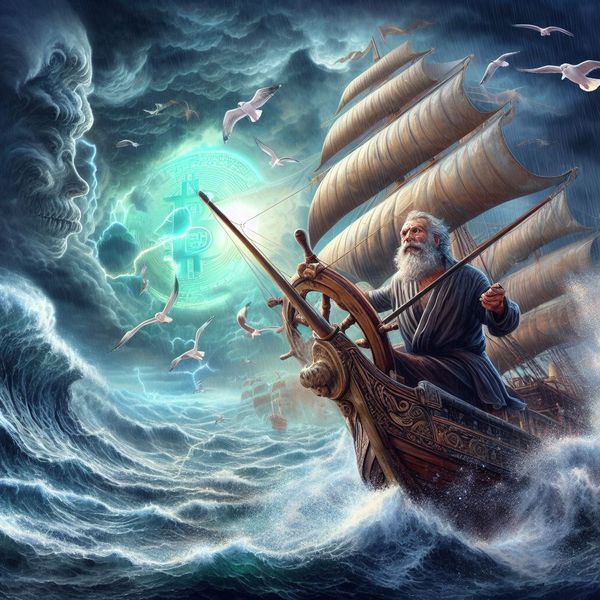 Uma pintura a óleo de um capitão no mar, enfrentando uma tempestade inspirada nas guerras do Bitcoin.